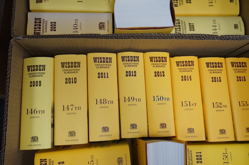 Wisden Cricketers' Almanack, 1995-2021, (27 vols.) many photo illus. (incl. coloured plates), adverts.; publisher's gilt lettered cloth (or faux leather), d/wrappers